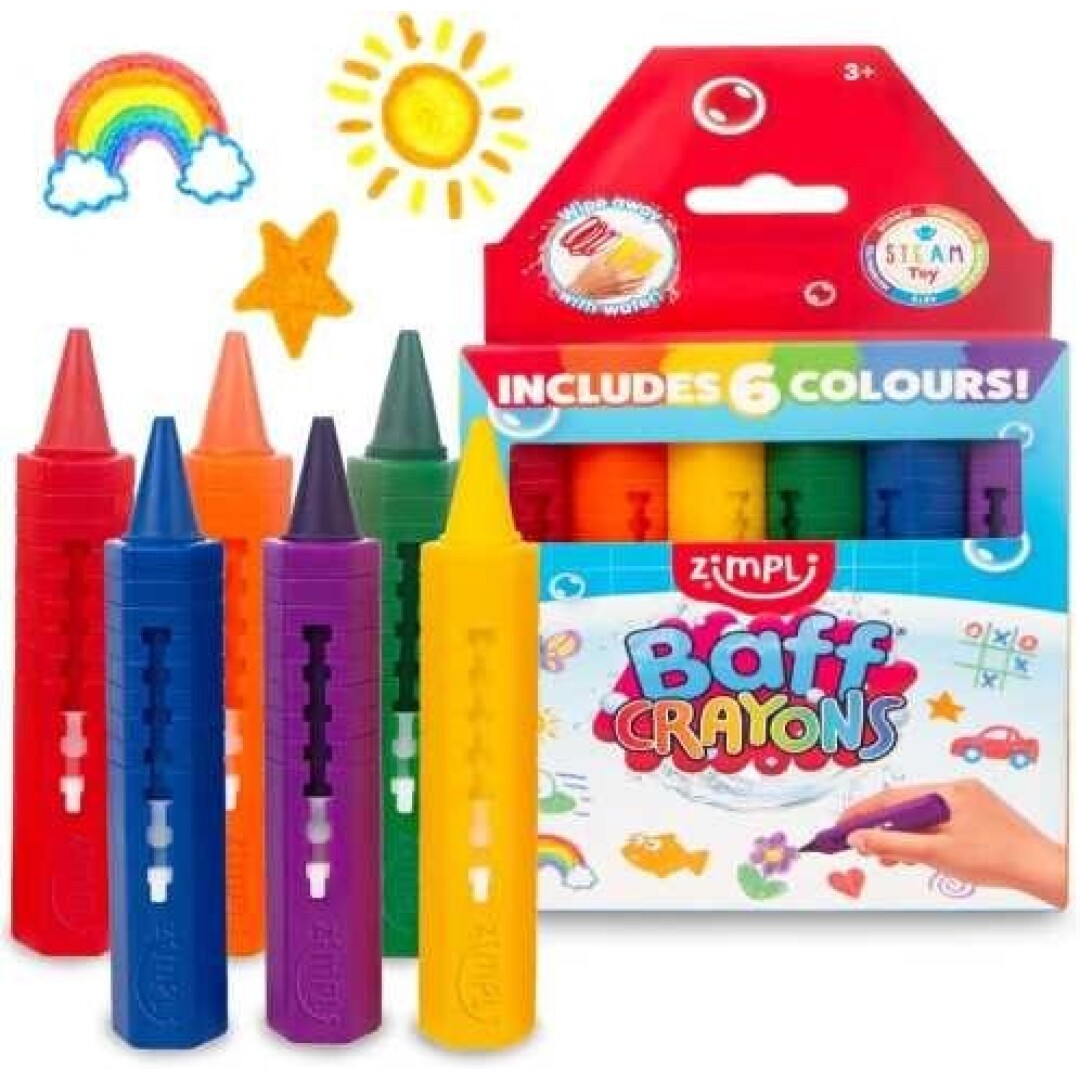 Conjunto completo de 6 marcadores Zimplikids para banho em cores vibrantes, com embalagem e desenhos de arco-íris e sol.