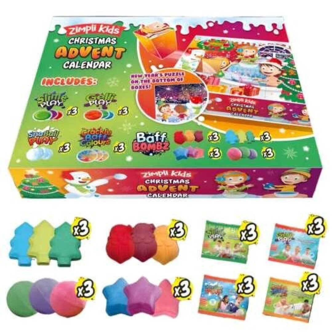 ZIMPLIKIDS Calendário de Advento de Natal com 24 surpresas sensoriais: bombas de banho, slime, gelli, neve artificial e crackle baff.