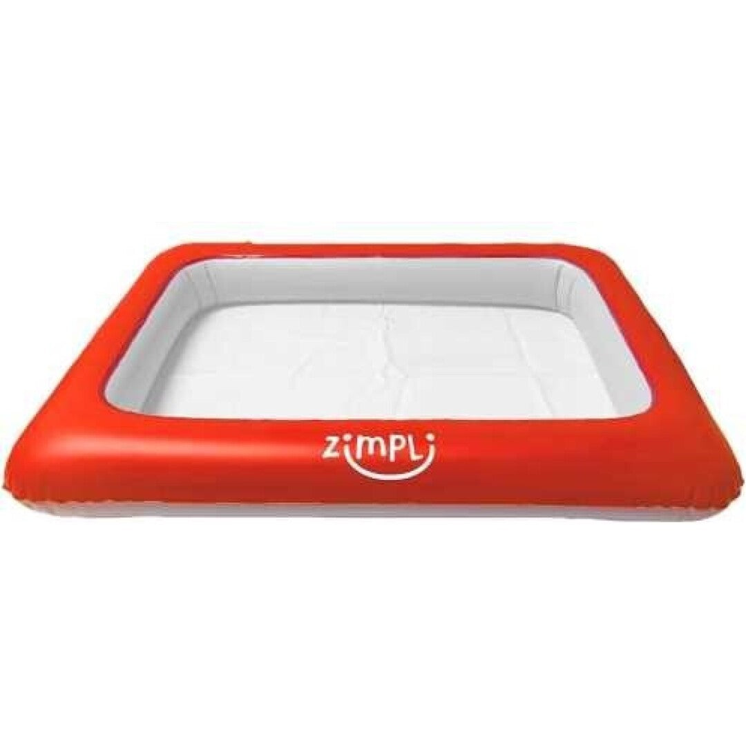 ZIMPLIKIDS Bandeja de jogo insuflável vazia, de cor vermelha com o interior branco, apresentando o logótipo Zimpli na parte frontal.