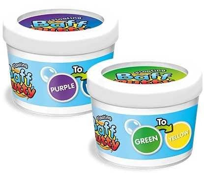 Dois potes da ZIMPLIKIDS Plasticina Flutuante Baff Putty, um roxo e outro verde, destacando a capacidade de mudança de cor.