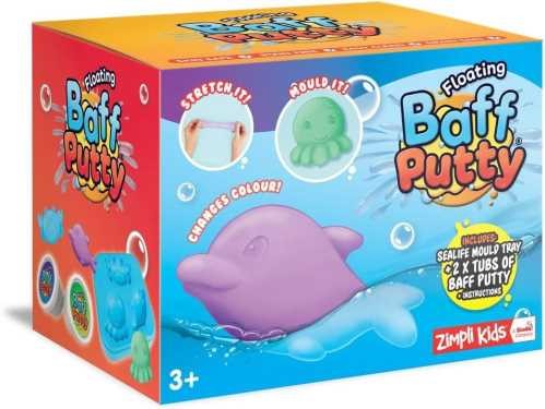 Caixa da ZIMPLIKIDS Plasticina Flutuante Baff Putty com ilustrações das características como esticar, moldar e mudar de cor, e idade recomendada 3+.