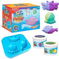 Imagem do conjunto ZIMPLIKIDS Plasticina Flutuante Baff Putty com caixa, dois potes de plasticina, molde de vida marinha azul e figuras de golfinho, caranguejo e polvo que mudam de cor.