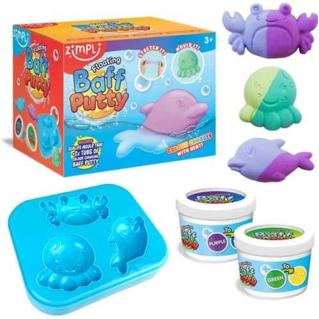 Imagem do conjunto ZIMPLIKIDS Plasticina Flutuante Baff Putty com caixa, dois potes de plasticina, molde de vida marinha azul e figuras de golfinho, caranguejo e polvo que mudam de cor.