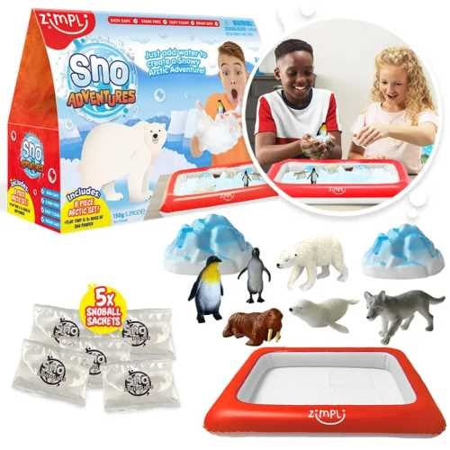 Conteúdo do ZIMPLIKIDS Pack Snow Adventures: bandeja insuflável, saquetas de pó Sno e figuras de animais árticos, com crianças a brincar.