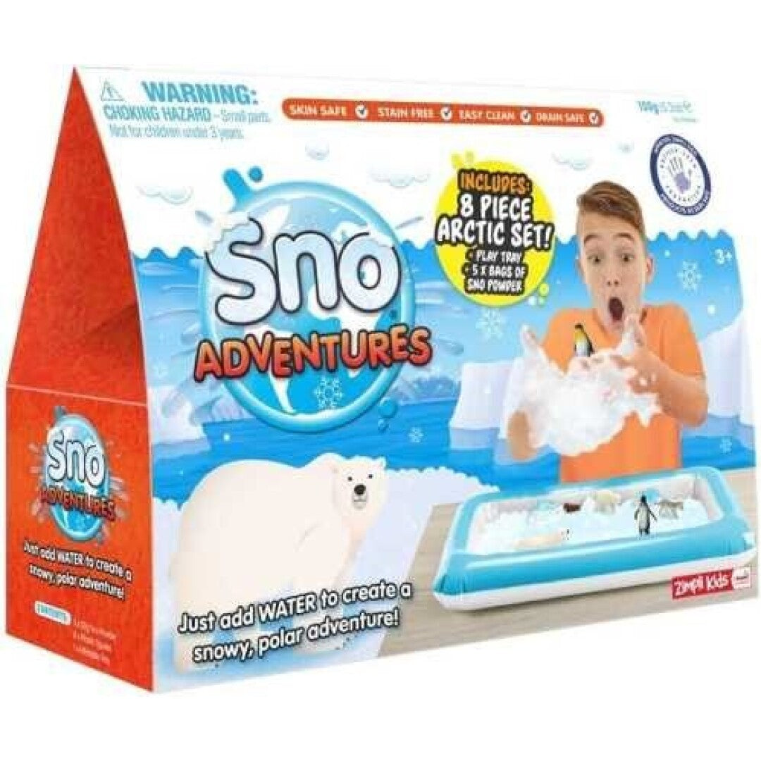 Caixa do ZIMPLIKIDS Pack Snow Adventures, destacando a criação de neve artificial, figuras árticas e selos de segurança para a pele.