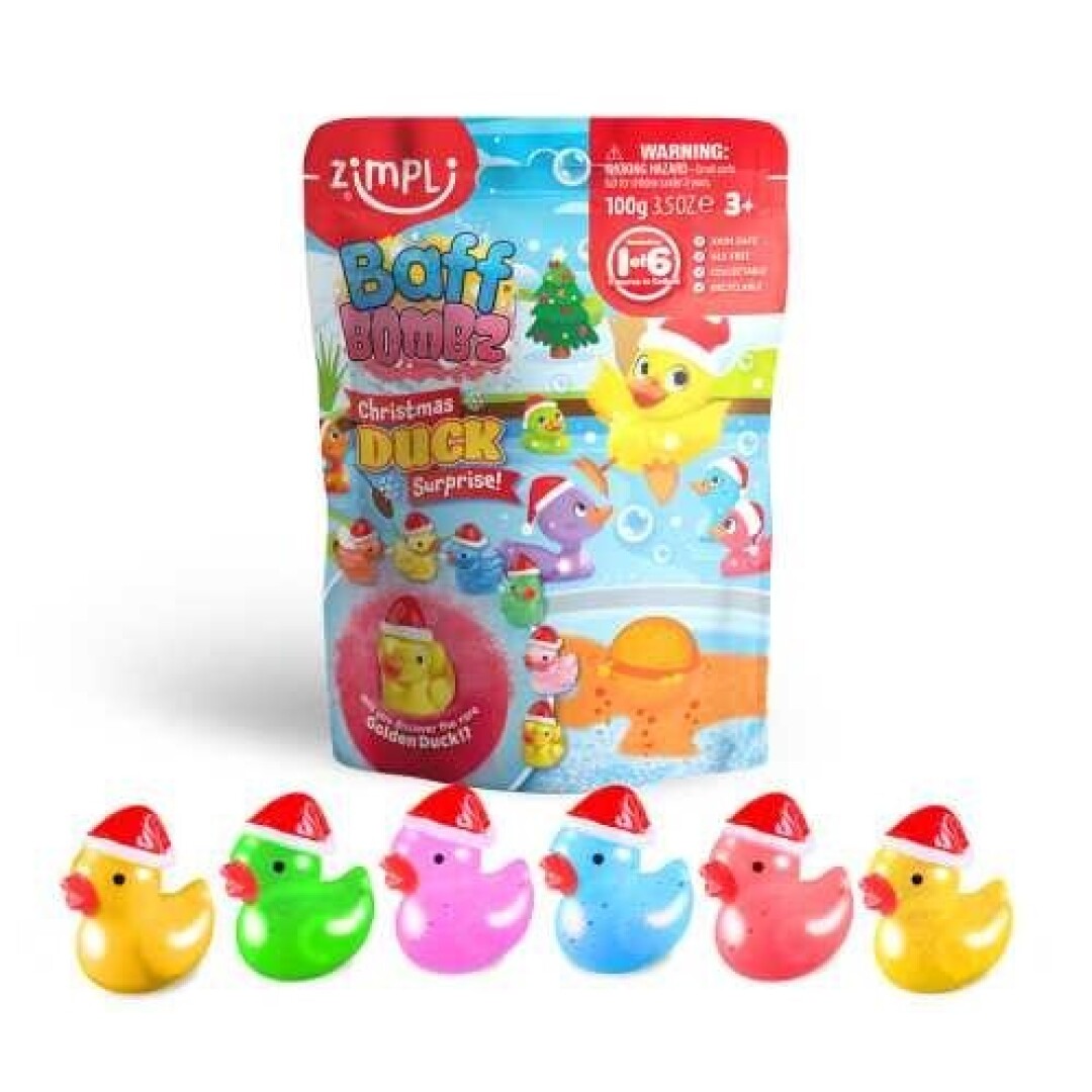 Embalagem da bomba de banho ZIMPLIKIDS Baff Bombz Patos Natalícios com os 6 patos colecionáveis coloridos em primeiro plano.