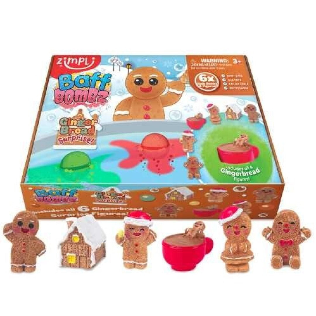 Conjunto ZIMPLIKIDS Pack 6 Bombas de banho Homem Bolacha com figuras surpresa, embalagem e conteúdo.