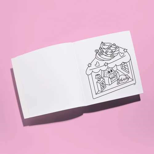 Ilustração detalhada de uma página interna do livro OMY Cosy Art - Livro nº1 Kawaii, pronta para colorir.