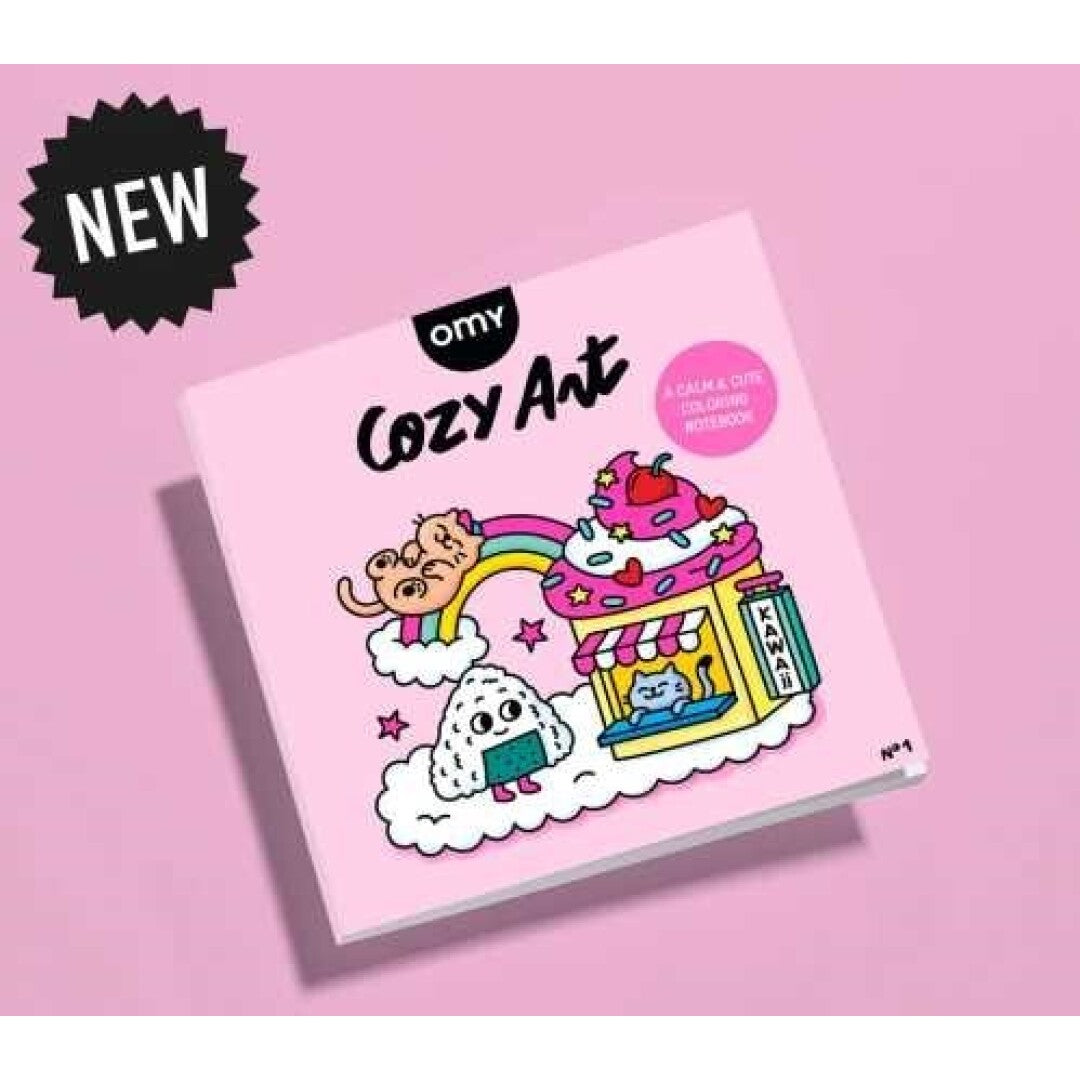 Capa do livro OMY Cosy Art - Livro nº1 Kawaii, com ilustrações de personagens Kawaii e a indicação "NEW".