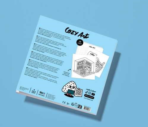 Verso do livro "OMY Cosy Art - Livro nº2 SuperMarket" com informações sobre o produto e ilustrações adicionais.