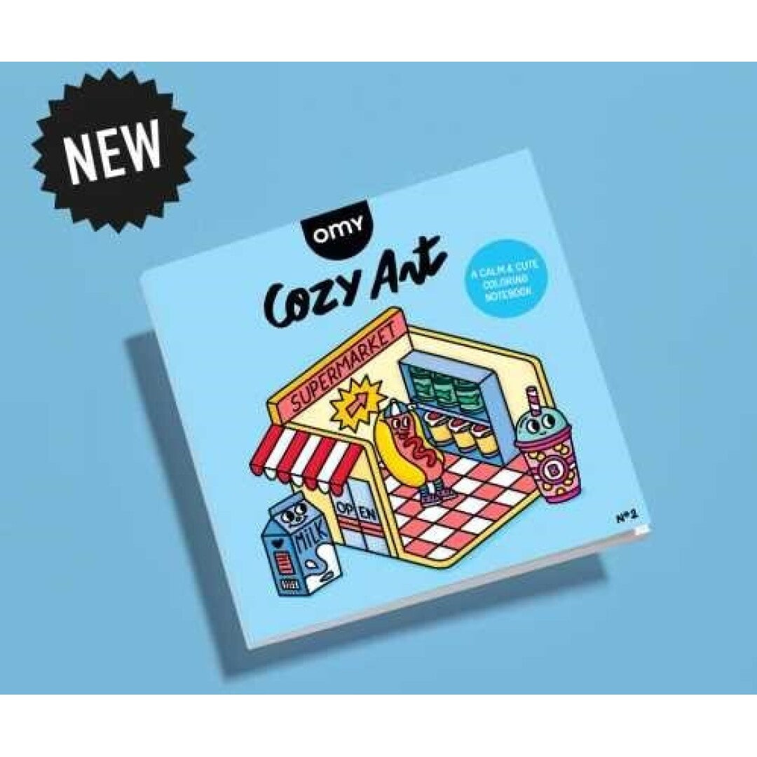 Capa do livro "OMY Cosy Art - Livro nº2 SuperMarket" com ilustração de um supermercado divertido e colorido.