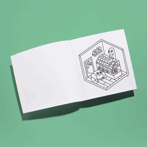 O livro OMY Cozy Art Paris aberto numa página com uma ilustração a preto e branco de uma padaria com personagens fofas.