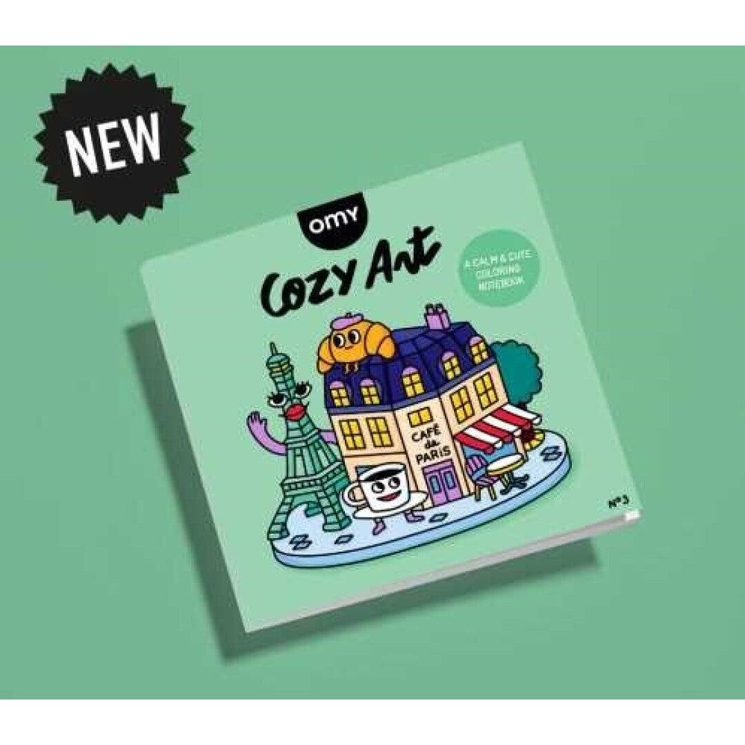 Capa do livro de colorir OMY Cozy Art nº3 Paris, com ilustrações da Torre Eiffel, um café parisiense e um croissant sobre um fundo verde.