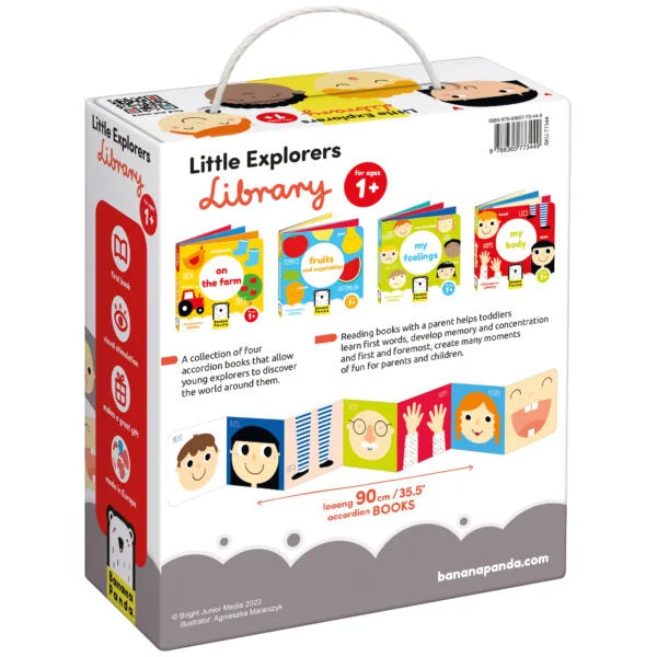 Vista traseira da caixa do Banana Panda Pack Bebé 4 Livros "Little Explorers Library", mostrando os quatro livros em acordeão e detalhes do comprimento de 90 cm.