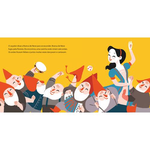 Página interior do livro YOYO Books "Branca de Neve - Contos de Fada com Sons", mostrando a Branca de Neve a dançar com os anões e texto da história.