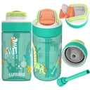 Várias vistas da Garrafa Kambukka LAGOON Disco Zoo 400ml, mostrando o corpo retangular e redondo, a tampa com bico e palhinha, e a base, destacando as peças desmontáveis.