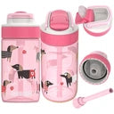Garrafa Kambukka LAGOON Pink Flamingo 400ml com design de cães, vista frontal e aberta, mostrando a palhinha e a tampa separada.