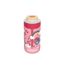 Vista frontal da Garrafa Kambukka LAGOON Love Birds 400ml em rosa, com o padrão de unicórnios e arco-íris visível.
