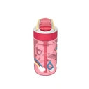 Vista frontal da Garrafa Kambukka LAGOON Love Birds 400ml em rosa, com o bico da tampa aberto e a palhinha visível dentro da garrafa.