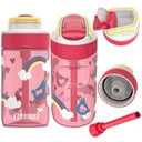 Conjunto de peças da Garrafa Kambukka LAGOON Love Birds 400ml, mostrando a garrafa completa, a tampa com bico e palhinha, e a palhinha separada.