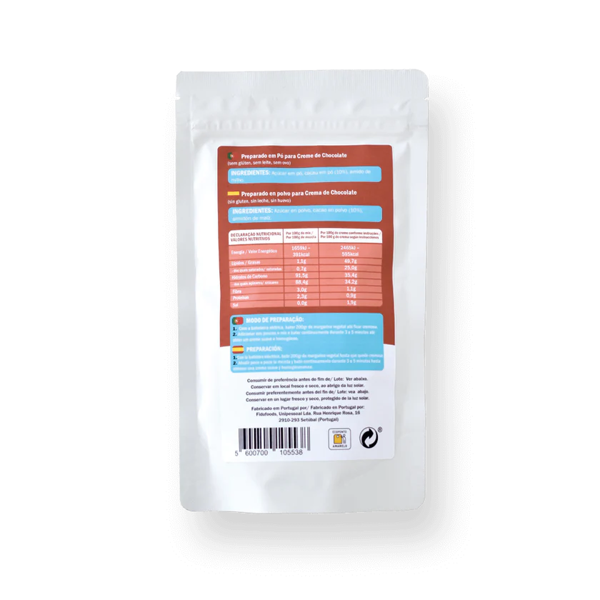 Verso da embalagem do Fidu Buttercream Mix Chocolate, mostrando a tabela de informação nutricional e o modo de preparação em fundo branco.