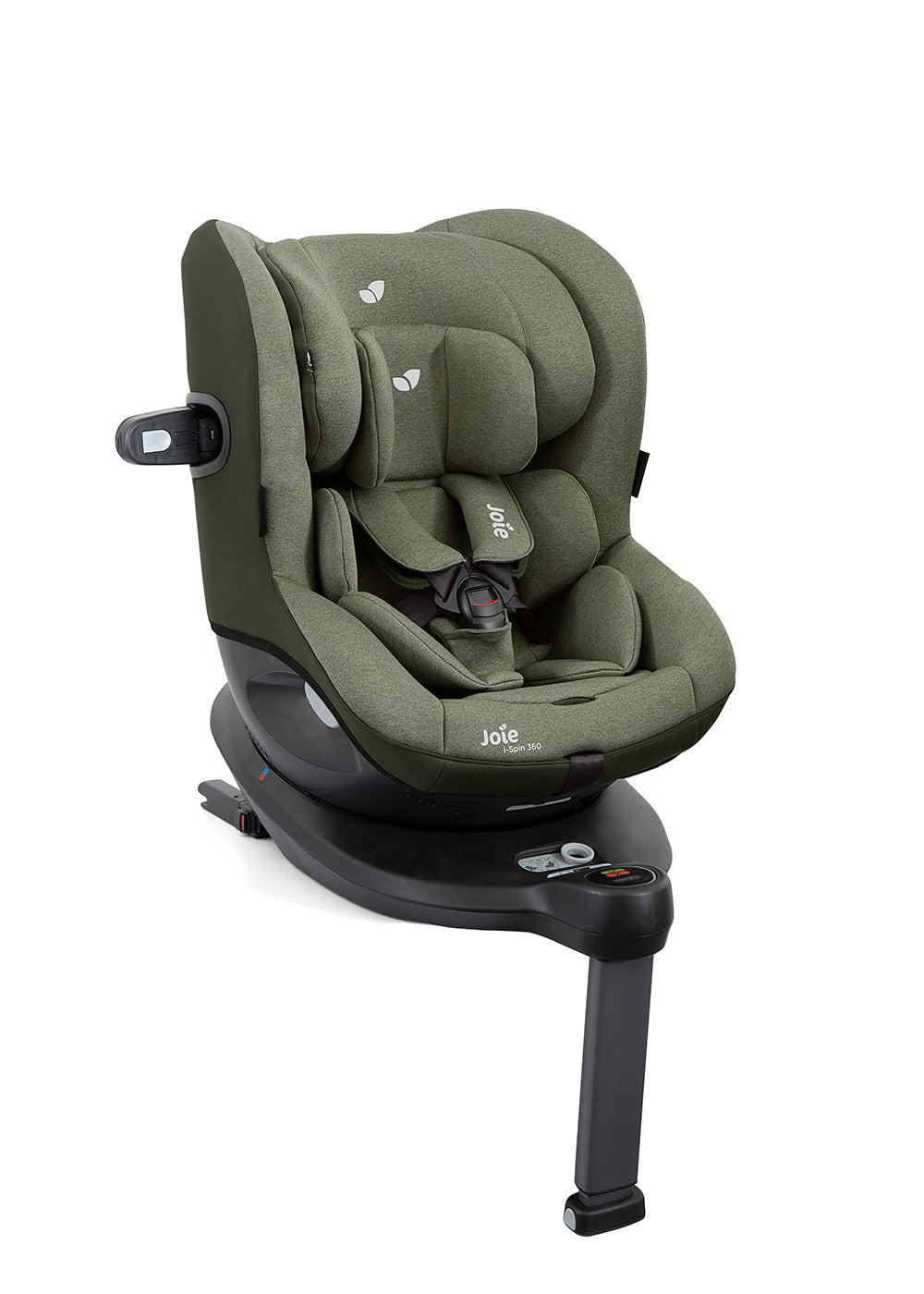 Cadeira auto verde com rotação de 360 graus e perna de apoio ajustável, vista frontal.