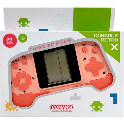 Imagem frontal da embalagem da Comansi - Consola Retro X, mostrando a consola em tons de rosa e laranja com 23 jogos e idade 6+ indicados.