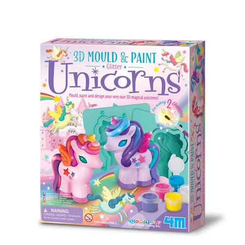 Caixa do kit 4M Mold & Paint 3D Unicórnios, mostrando os dois unicórnios moldados e pintados em rosa e lilás, e os materiais de pintura e molde de silicone.