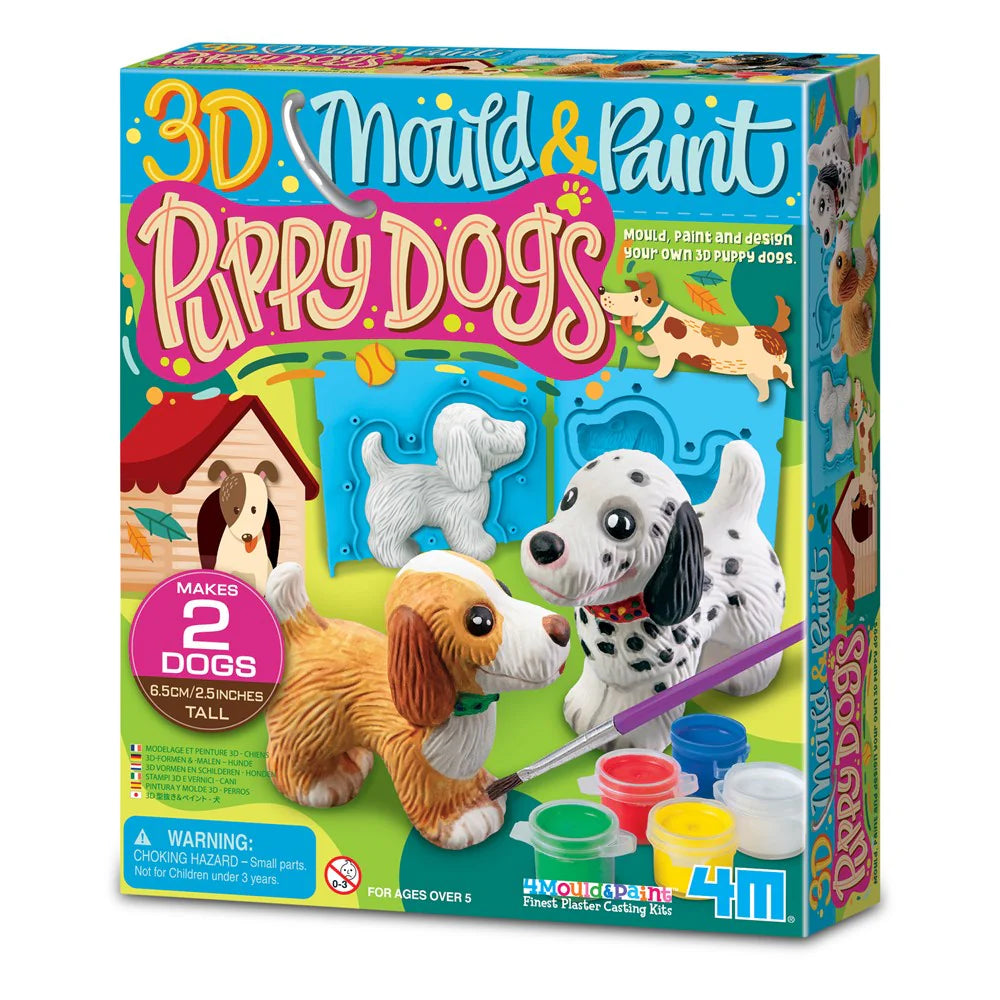 Caixa do kit de artesanato "3D Mould & Paint Puppy Dogs" da 4M, mostrando os dois cães finalizados, moldes azuis e tintas.