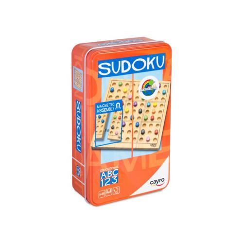 Caixa de metal do jogo Cayro Sudoku, mostrando o tabuleiro de madeira com peças magnéticas coloridas.
