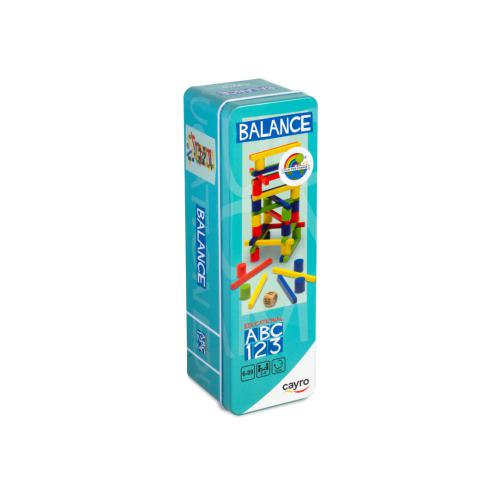 Caixa de metal vertical do jogo Cayro Balance, com design vibrante e ilustração de blocos coloridos empilhados.