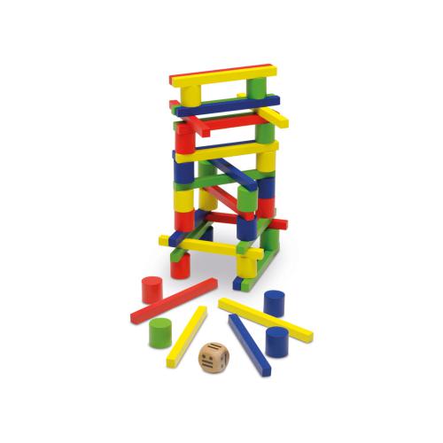 Peças do jogo Cayro Balance em madeira colorida (blocos e cilindros) e um dado, com uma torre de equilíbrio já construída.