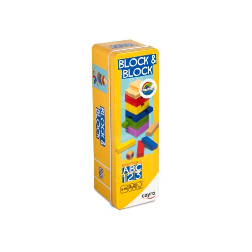 Caixa de metal do jogo Cayro Torre Oscilante Colorida Jenga, com design "Block & Block" e indicação educativa.