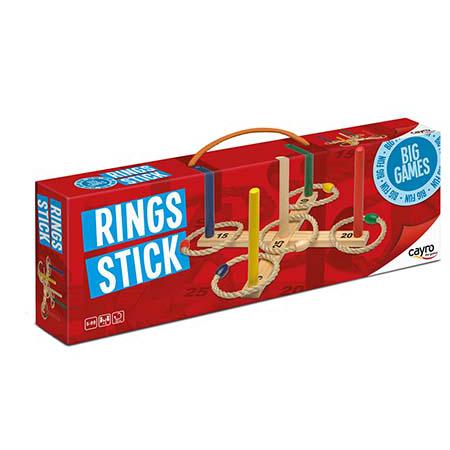 Embalagem do jogo Cayro Rings Stick - Jogo de Acertar Argolas, mostrando o design colorido e os pinos com diferentes pontuações.