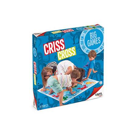 Caixa do jogo Cayro Jogo de Cruzar (Crisscross), com crianças a brincar no tabuleiro gigante de 100x100cm.