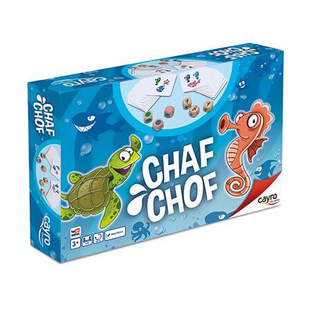 Caixa do jogo de tabuleiro Cayro Chaf Chof, com ilustrações de uma tartaruga e um cavalo-marinho em fundo azul marinho.