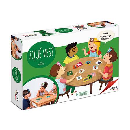 Caixa do jogo Cayro "O que vês?" com ilustração de crianças a jogar e o logótipo da marca.