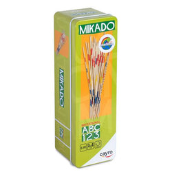 Jogo Cayro Mikado em caixa de metal verde, com logótipo e símbolos educativos, pronto para jogar.
