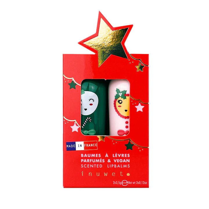 Inuwet Conjunto de 2 Bálsamos Labiais Cereja e Caramelo em caixa vermelha de Natal com estrela dourada.