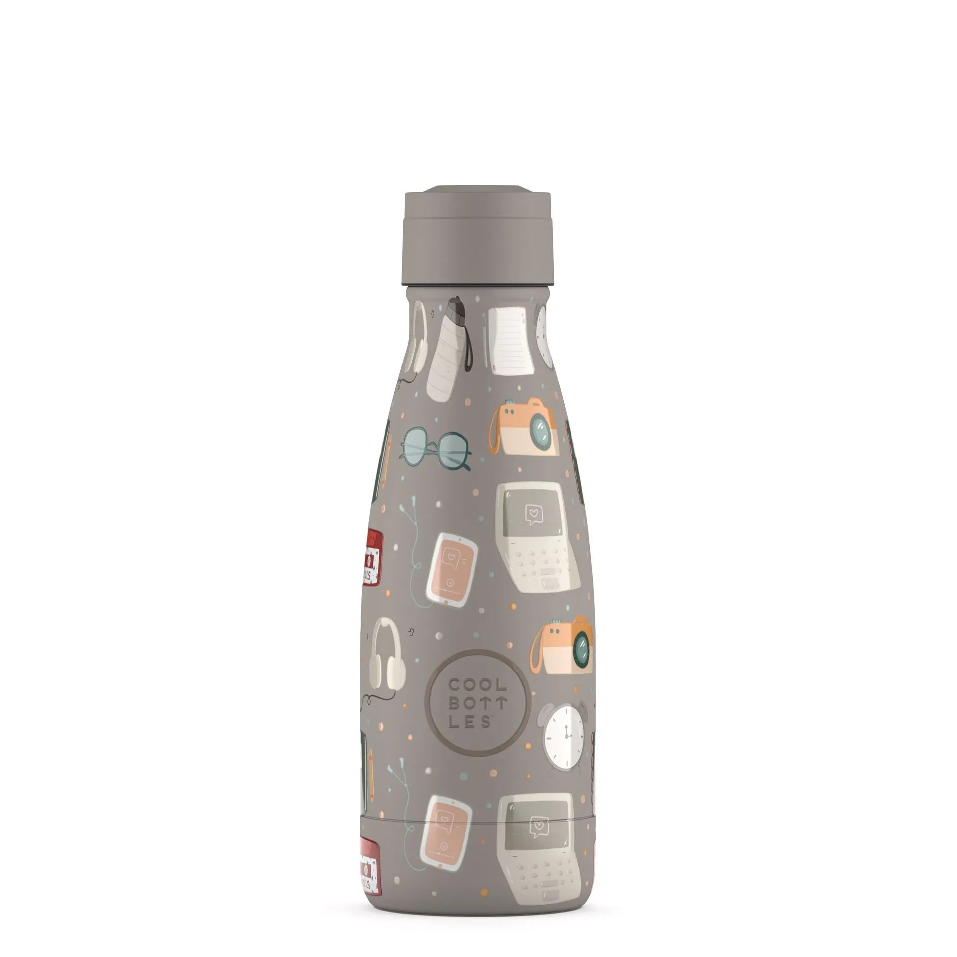 Garrafa térmica Cool Bottles Must Have 260ml em cinzento com padrão de elementos tecnológicos e tampa de rosca cinzenta, vista frontal.