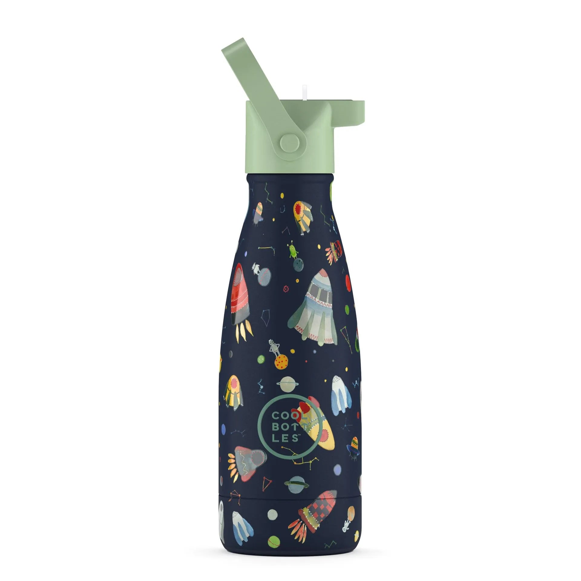 Garrafa térmica Cool Bottles Space Rockets 260ml com tampa de palhinha verde-clara, apresentando um design de foguetões coloridos sobre fundo azul escuro.