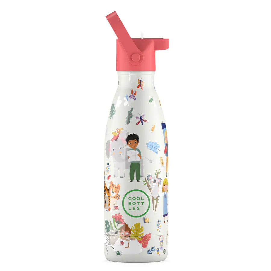 Garrafa térmica Cool Bottles Curious Explore 350ml com tampa de palhinha rosa aberta, exibindo design infantil de aventura com crianças e animais.
