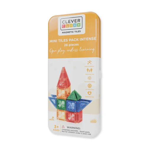 Embalagem retangular do jogo Clever Clixx Mini Tiles Pack Intense com 28 peças magnéticas de cores vivas e translúcidas, ideal para viagem.