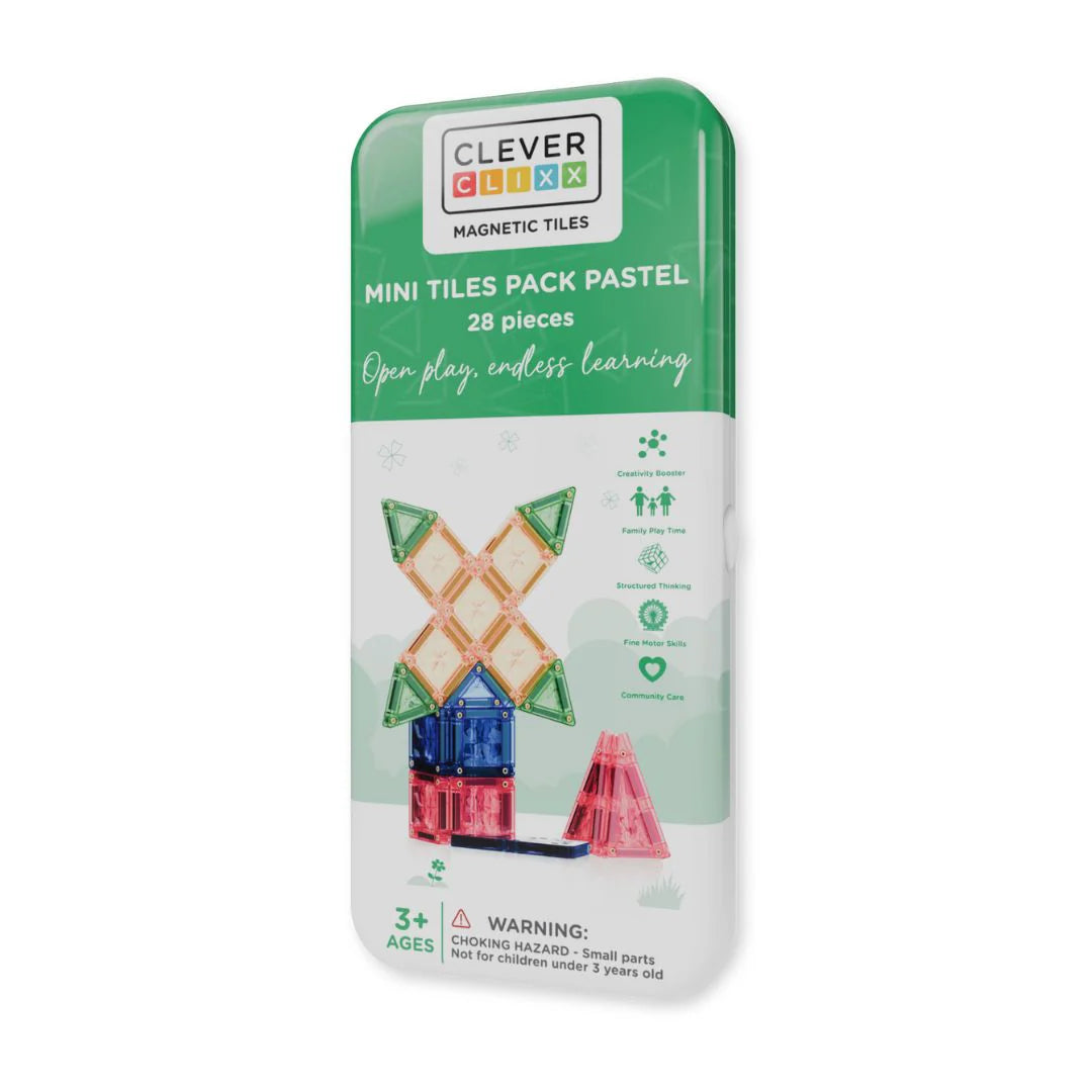 Embalagem do Clever Clixx Mini Tiles Pack Pastel com 28 peças, mostrando um moinho de vento construído e ícones de benefícios.