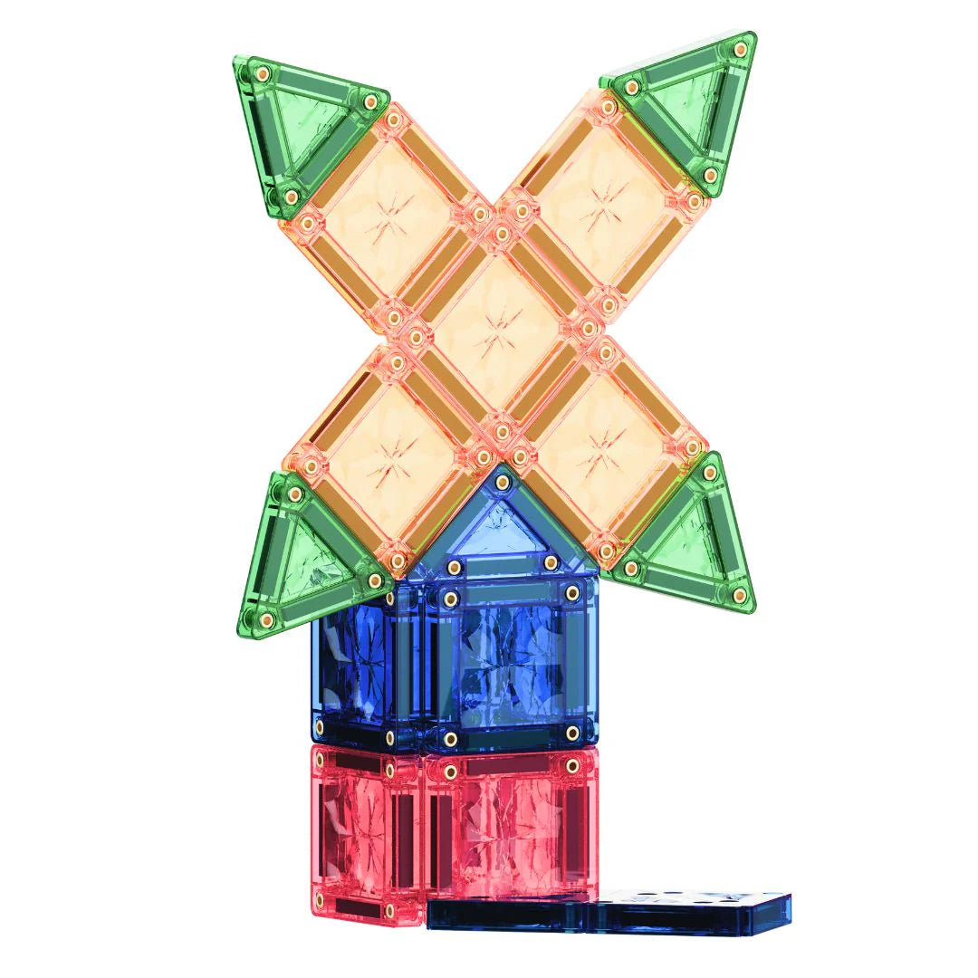 Construção de moinho de vento com blocos magnéticos Clever Clixx em tons pastel de verde, amarelo, azul e vermelho.