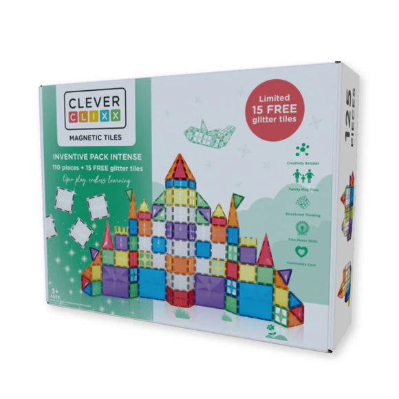 Caixa do Clever Clixx Jogo blocos Magnético Pack Peças Coloridas e com Glitter (110+15 peças) com castelo construído e detalhes da edição limitada.