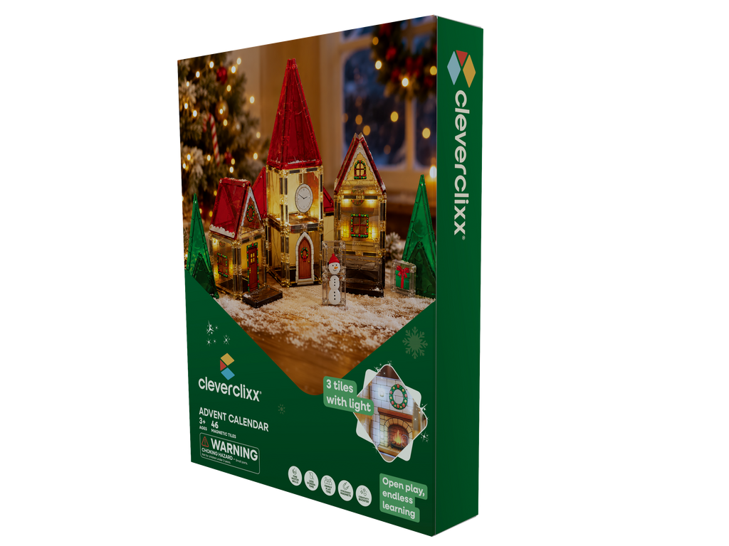 Calendário de Advento Clever Clixx Vila de Natal com 46 peças magnéticas e a aldeia de Natal montada