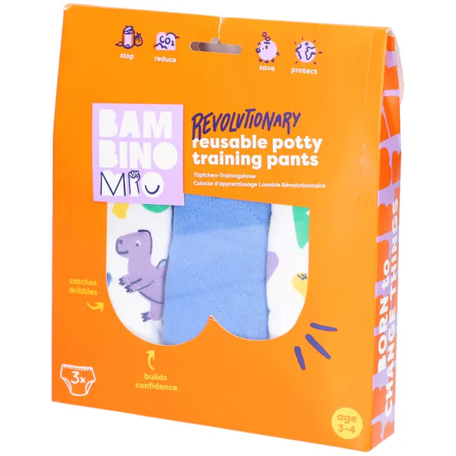 Embalagem do pack de 3 cuecas de aprendizagem reutilizáveis Bambino Mio "Brave Dinos" com ilustrações e informações como "catches dribbles" e "builds confidence".
