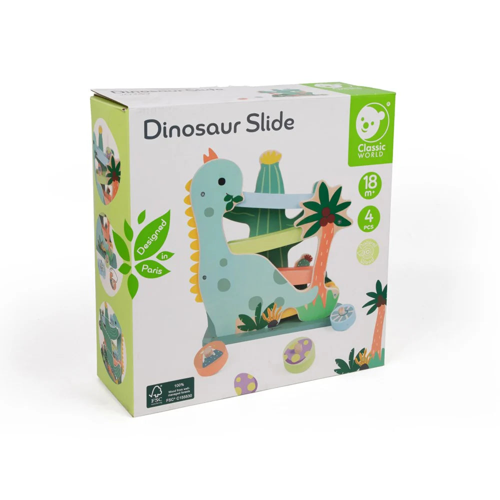 Embalagem do brinquedo Classic World Slide - Dinossauro, mostrando o design do escorrega e as informações de idade (18m+) e certificação FSC.
