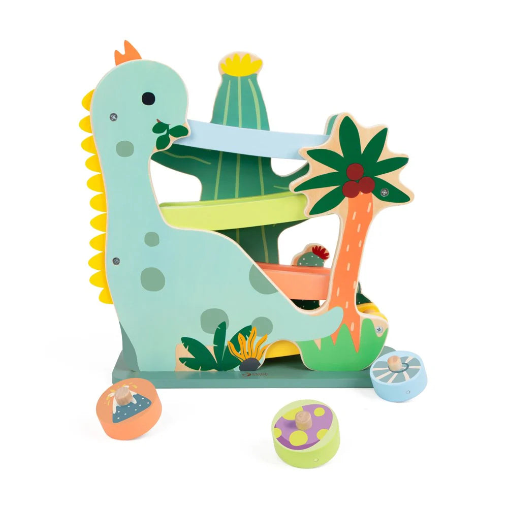 Vista frontal do brinquedo Classic World Slide - Dinossauro, destacando o design colorido do dinossauro e os elementos da selva, com as figuras rolantes à volta.